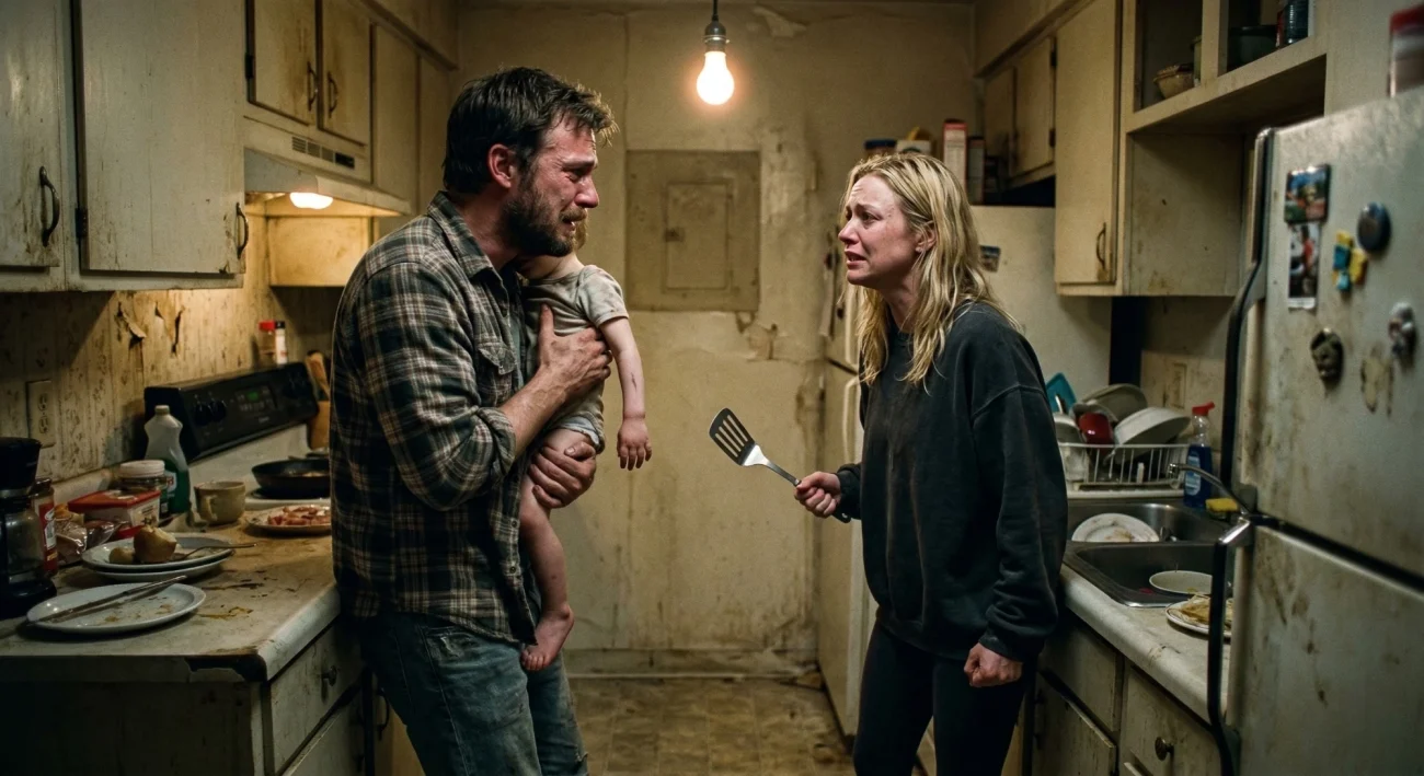 A man holding a frail toddler confronts a woman in a cramped kitchen under a bare bulb