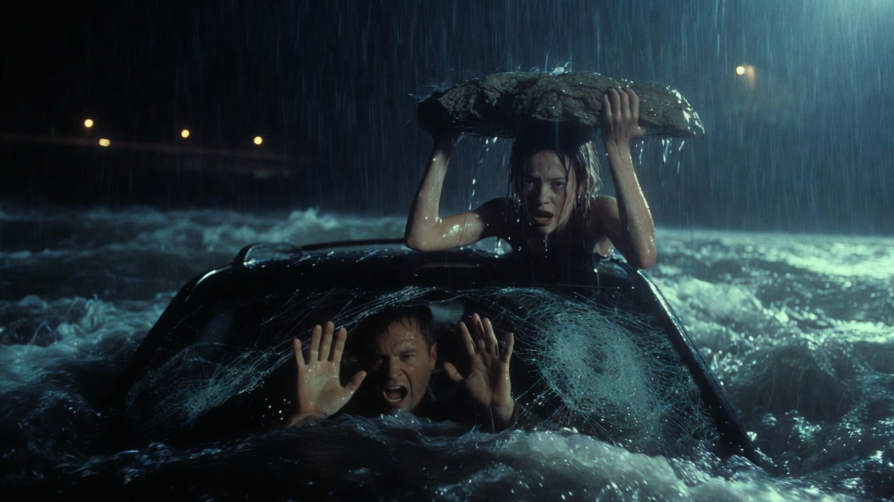 Girl rescues drowning man from sinking SUV in the rain at night