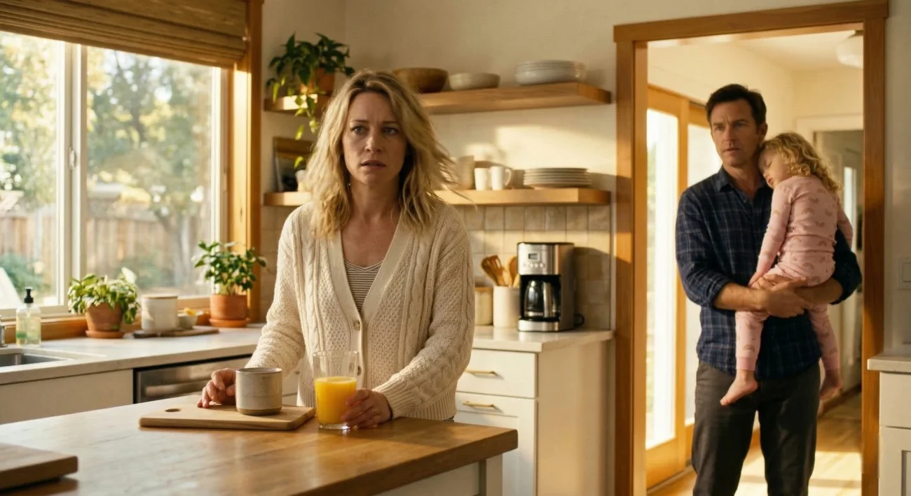 A worried woman in a kitchen and a man holding a sleeping child in the background.