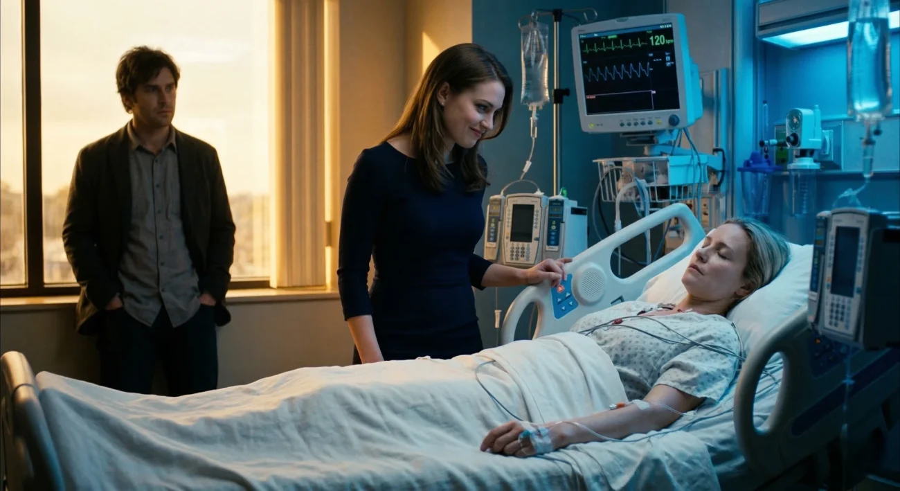 A smirking woman stands over a comatose patient in a hospital bed while a man watches nervously